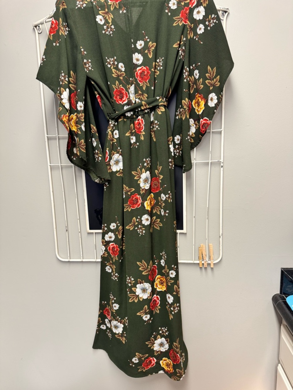 Simple Olive Green Floral Maxi Dress with Belt